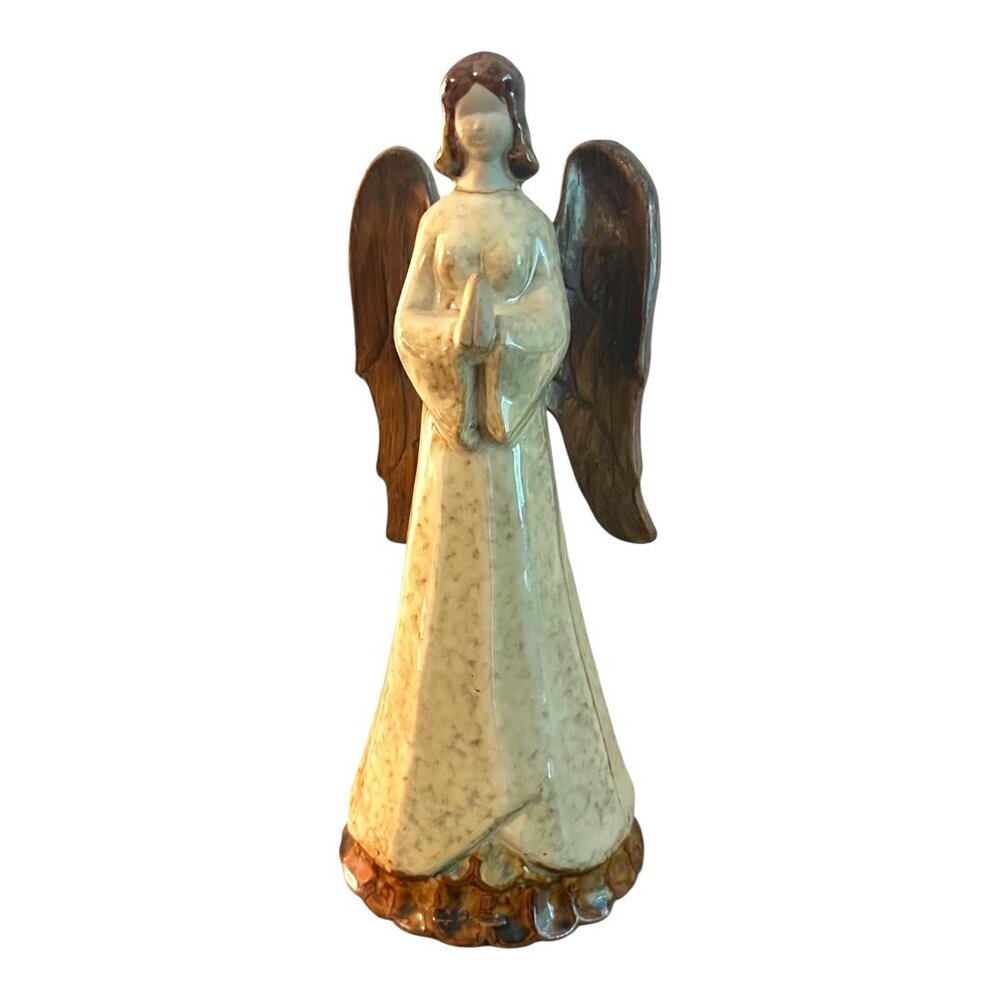 Pier 1 Angel Figurine Ceramic Beige & Brown Christmas 10”x 4.5”